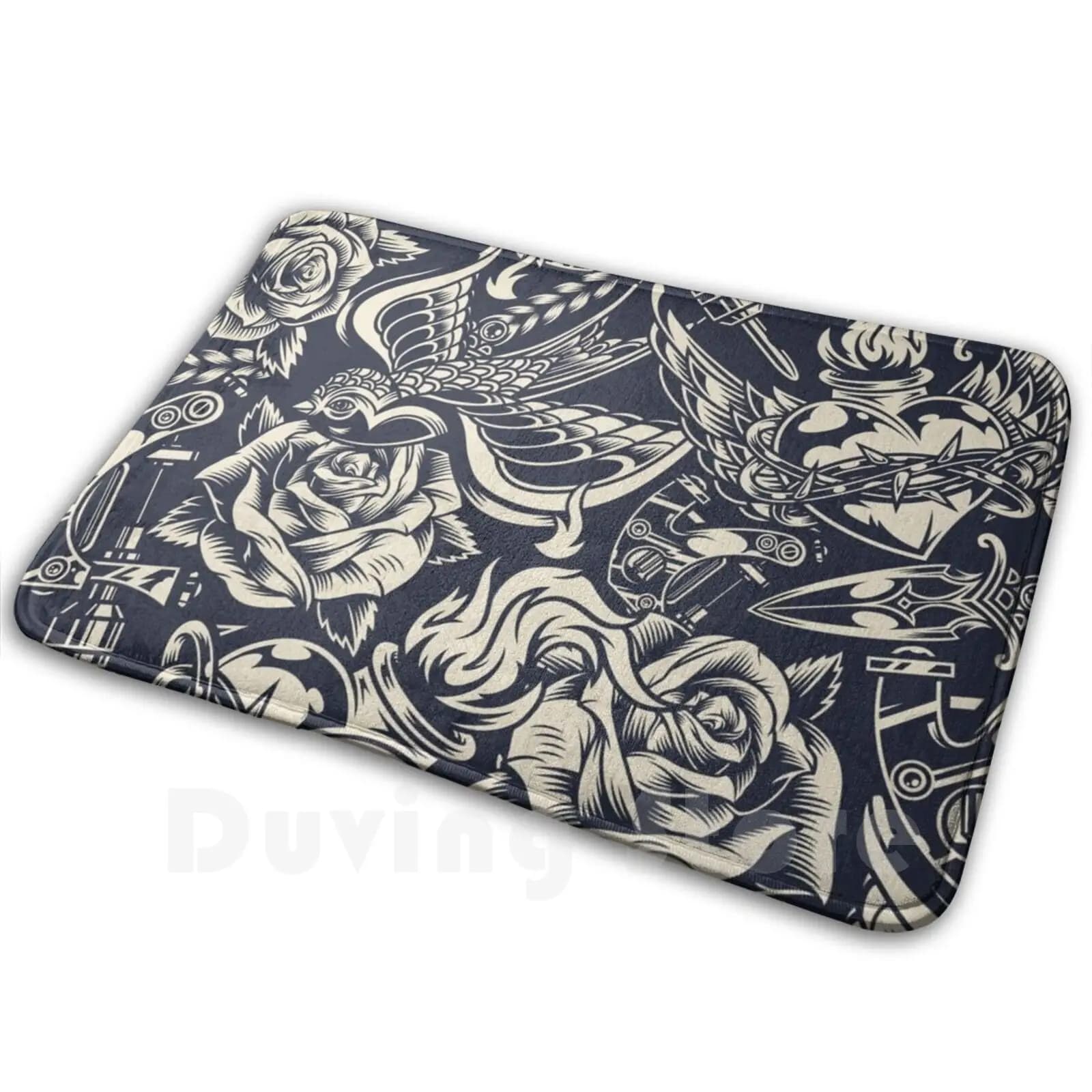 Modello di tatuaggio di fiori di uccelli Design della vecchia scuola Tappeto Tappetino Cuscino morbido Modelli di fiori di uccelli di fiori di uccelli