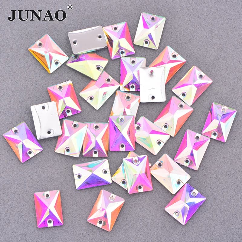 JUNAO 50 pz 10x14mm Cucito Cristallo AB Rettangolo Strass Flatback Resina di Cristallo Applique Cucire Strass Pietre per I Vestiti Artigianato