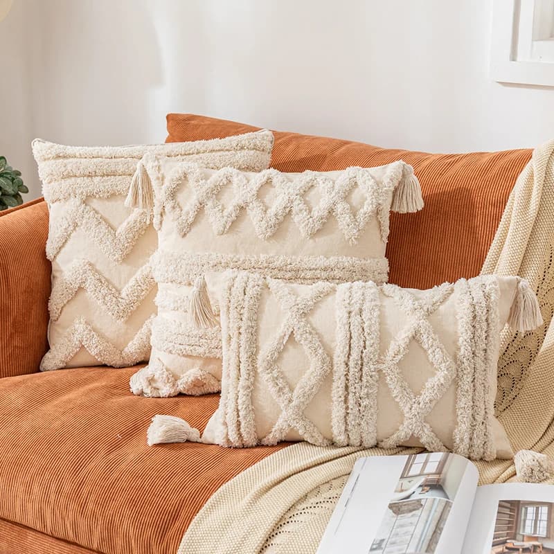 Fodera per cuscino con decorazione Boho 45x45 cm/30x50 cm Fodera per cuscino in cotone naturale Nappe Decorazione domestica quadrata per soggiorno Camera da letto