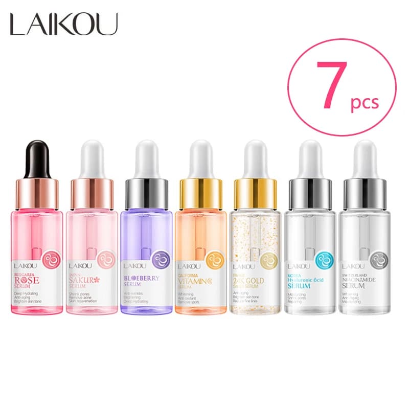 LAIKOU 7 Bottles 24K Gold Snail Sakura Hyluronic Acid Vitamin C Nicotinamida Blueberry Serum Rose Japan Essences for Viso