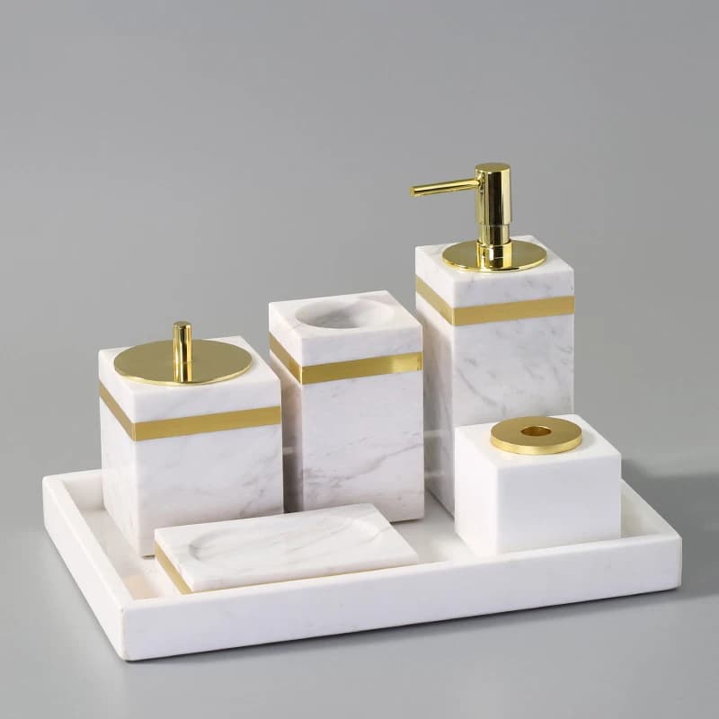 Volakas Set da bagno in marmo naturale bianco Dispenser di sapone di lusso portaspazzolino portasapone Set da bagno accessori da bagno dorati