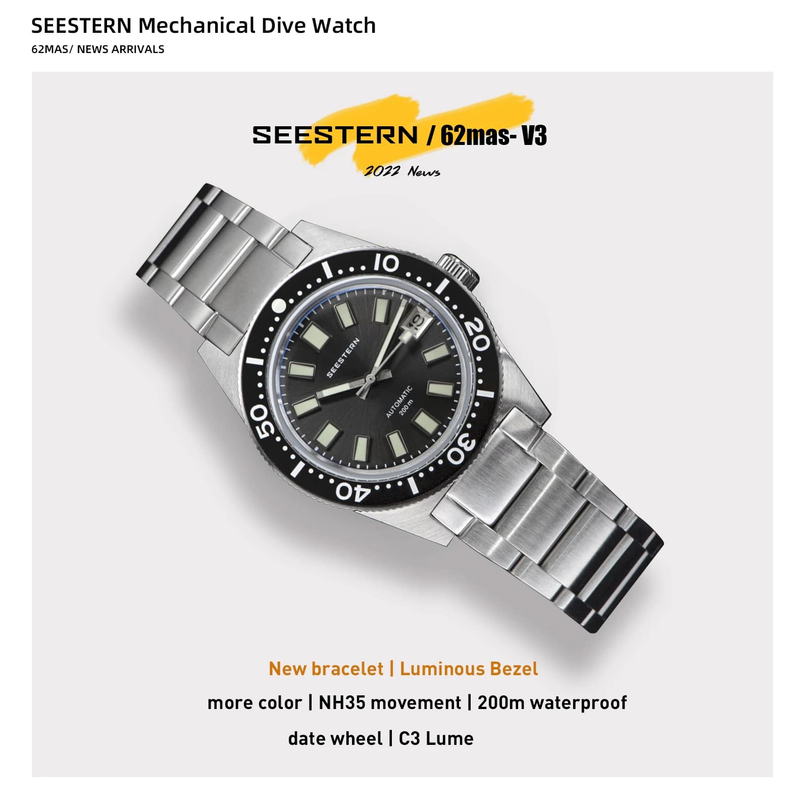 SEESTERN 62MAS Men's Underwater Watch Automatic Mechanical Wrist Watch Luminous Bezel Movement NH35 Waterproof Sapphire Glass Bracelet