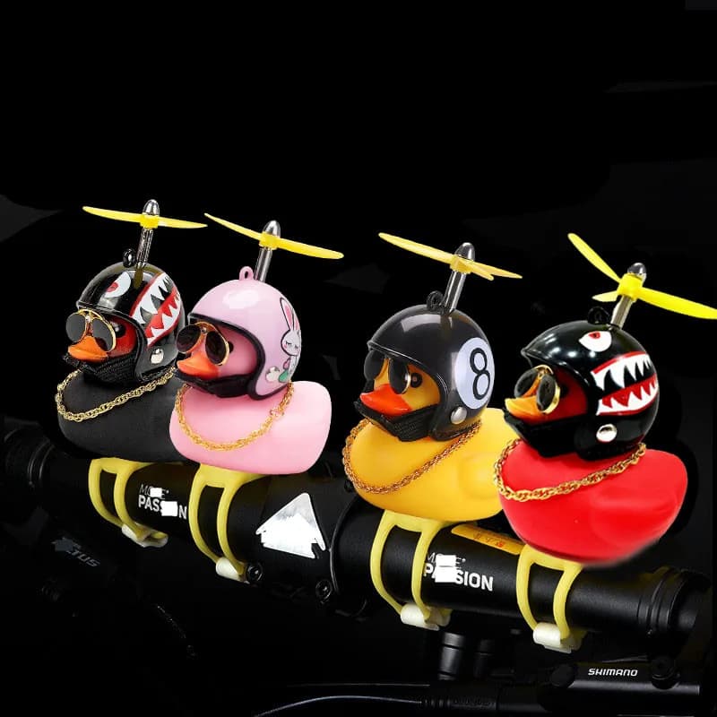 Bicycle helmet with small yellow duck propeller, duck standing, broken wind, decoration for duck, bike, bike, cycling, bicycle ornaments