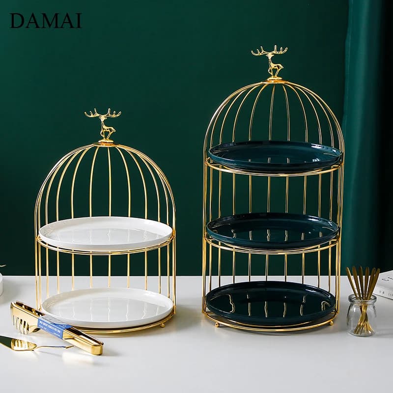Golden Deer Decorative Cake Stand Creative Three Layers Bird Cage Iron Frame Dessert Display Plates Afternoon Tea Decoration