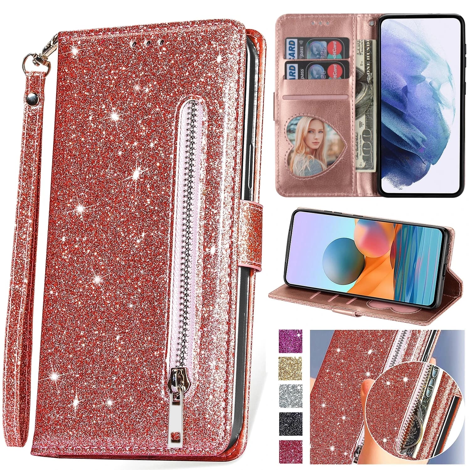 Custodia a Portafoglio con Cerniera in Pelle Glitterata per Samsung Galaxy S26 S25 S24 Ultra S23 FE S22 S21 S20 S10 Plus Note 20 5G