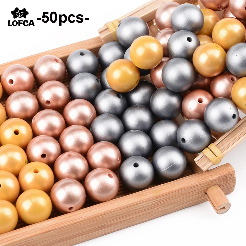 12mm/15mm 50pcs perline metalliche in Silicone con stampa dorata perline per dentizione in argento dentizione masticabile in Silicone per uso alimentare per neonati