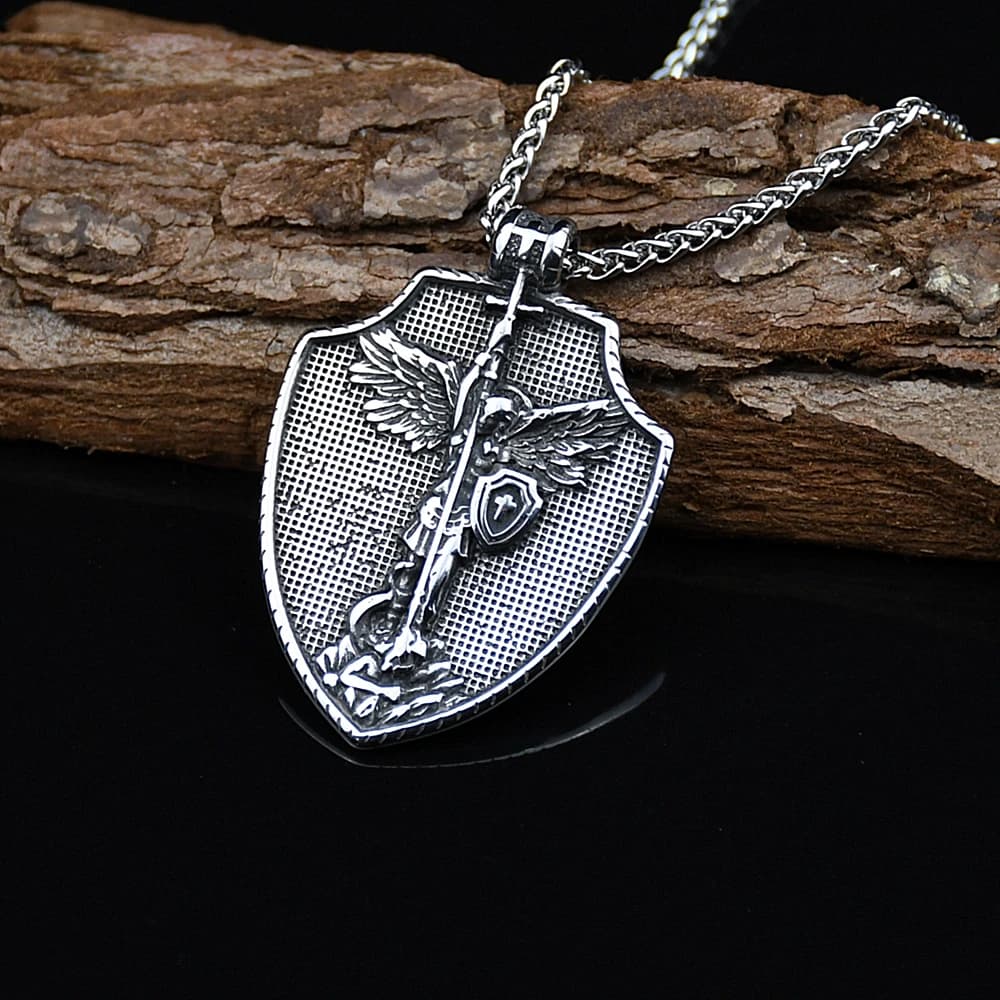 Stainless Steel Angle wind Sword ST.MICHAEL ARCHANGEL CROSS SHIELD PRAYER MEDAL Amulet NECKLACE