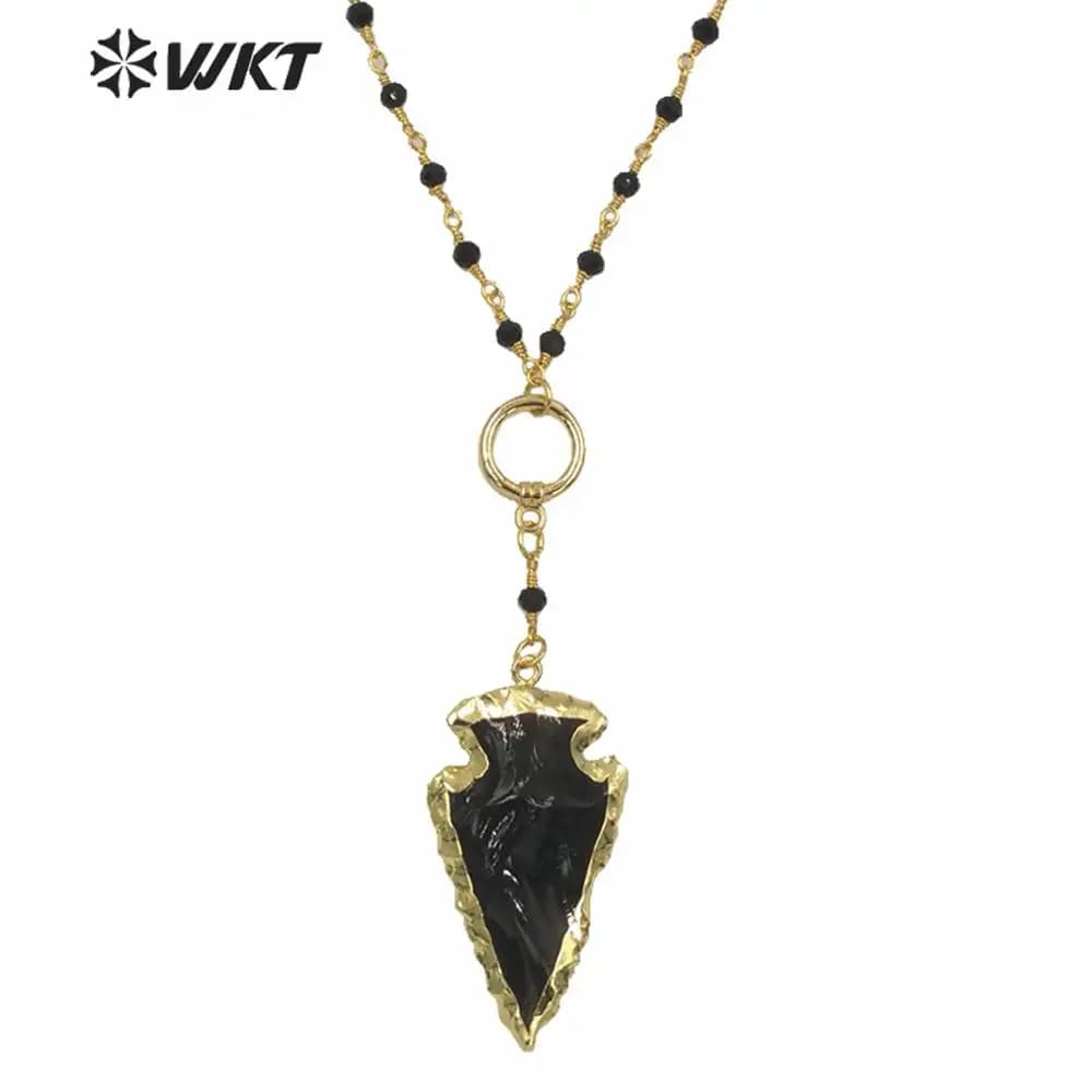 WT-NV003 Collana con freccia di ossidiana nera grezza all'ingrosso con collana con pendente in ossidiana nera con catena di rosario nero