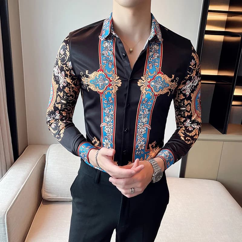 Camicia floreale da uomo di marca firmata Abito di lusso con stampa paisley Manica lunga Camicie casual Camicetta Homme Moda Barocca Abbigliamento da uomo