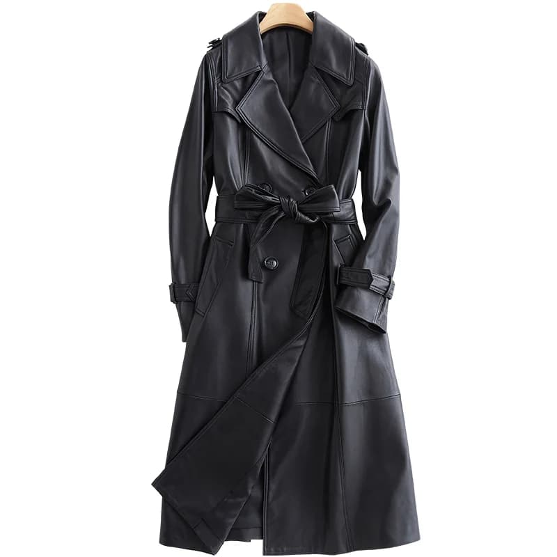 Lautaro Trench lungo autunnale in pelle nera per donna Cintura a maniche lunghe con risvolto Capispalla di lusso in stile britannico primaverile