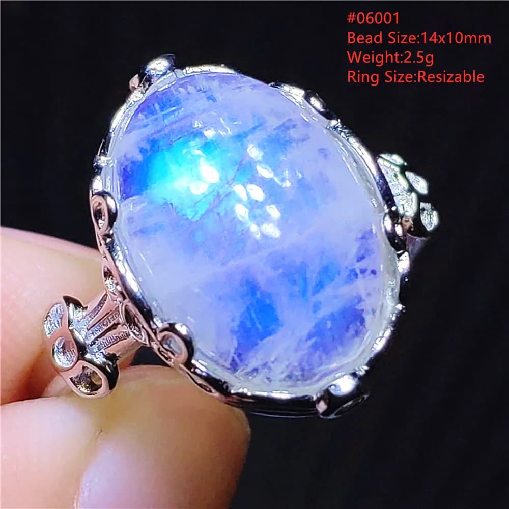 Anello Regolabile in Argento Sterling 925 con Pietra di Luna Naturale Blu, Cristallo Ovale 14x10mm, Perle di Pietra di Luna AAAAA