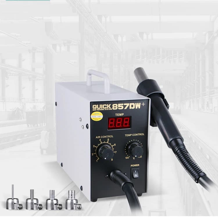 Stazioni di saldatura elettriche con display digitale QUICK857Dw + pistola termica ad aria calda vento elicoidale 580W stazione di rilavorazione SMD saldatori