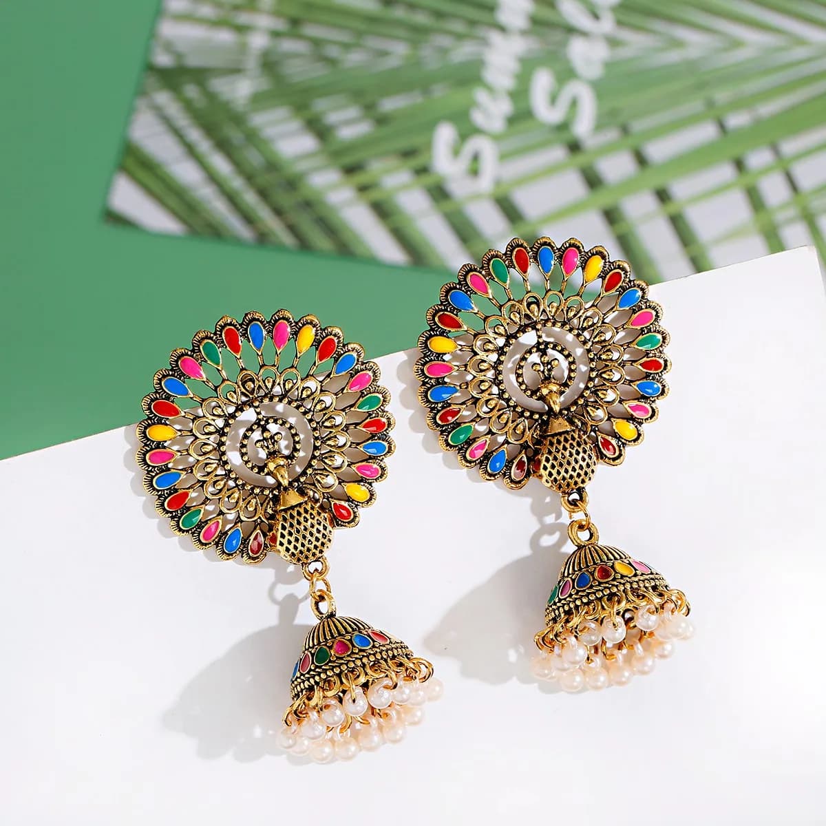 Ethnic Big Round Peacock Indian Antique Jhumka Earrings Women Vintage Bohemian Retro Pearl Tassel Bell Tibetan Earrings