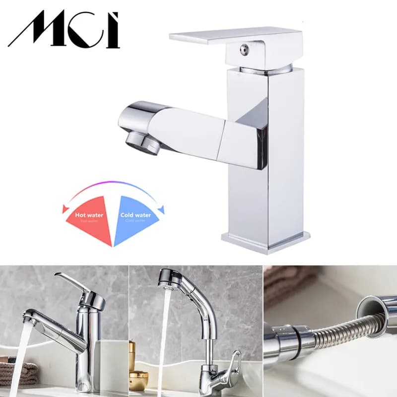 Rubinetto per lavabo in ottone Foro singolo Beccuccio estraibile Lavandino del bagno Miscelatore Flusso Spruzzatore Testa Rotazione a 360 Rubinetti da cucina Torneira