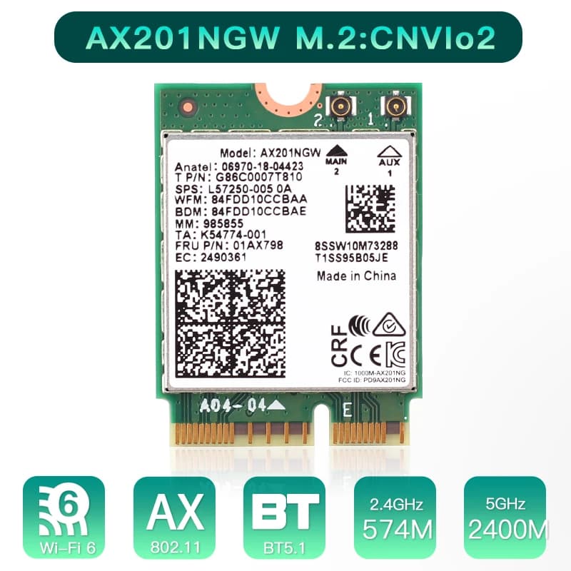 Wi-Fi 6 Intel AX201 M.2 Key E CNVio 2 Scheda Wifi Dual Band 3000Mbps Wireless per Bluetooth 5.0 2.4Ghz/5Ghz 802.11ac/ax AX201NGW
