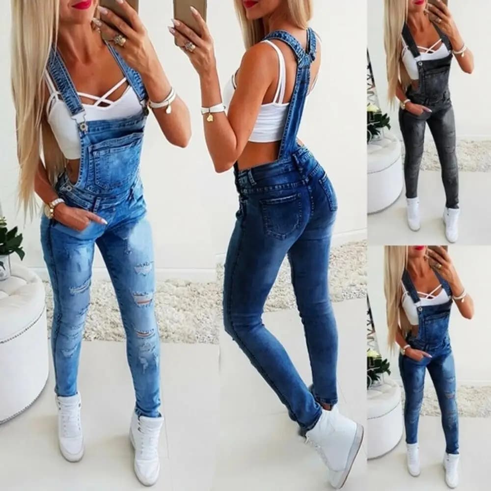 Di modo Delle Donne Del Denim Tute E Salopette Tute E Tute Da Palestra e Body E Pagliaccetti Skinny Slim Jeans Lunghi Della Tuta Strappato I Pantaloni Della Matita del Foro Tute E Salopette