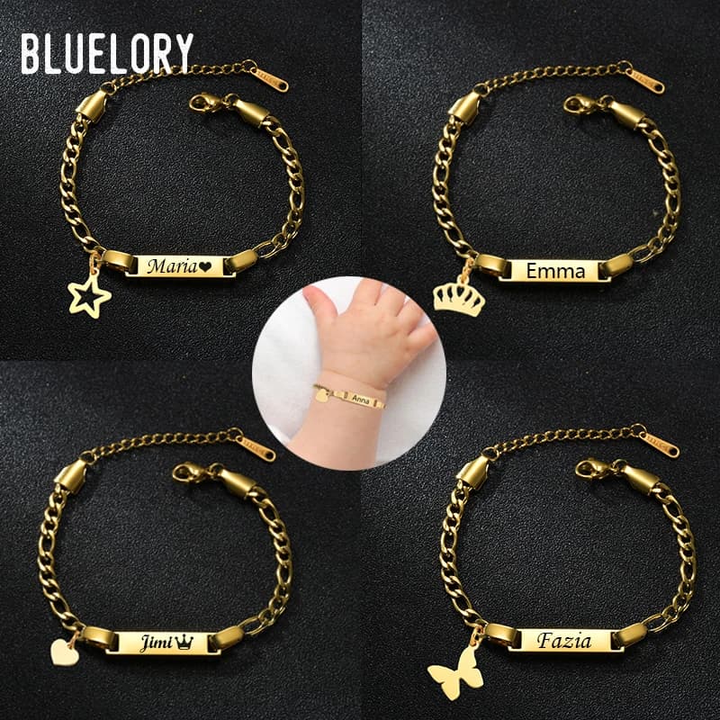 Bluelory Braccialetti per bambini con nome inciso personalizzato per bambini Corona a cuore in acciaio inossidabile Gioielli personalizzati Regali di compleanno per ragazza ragazzo