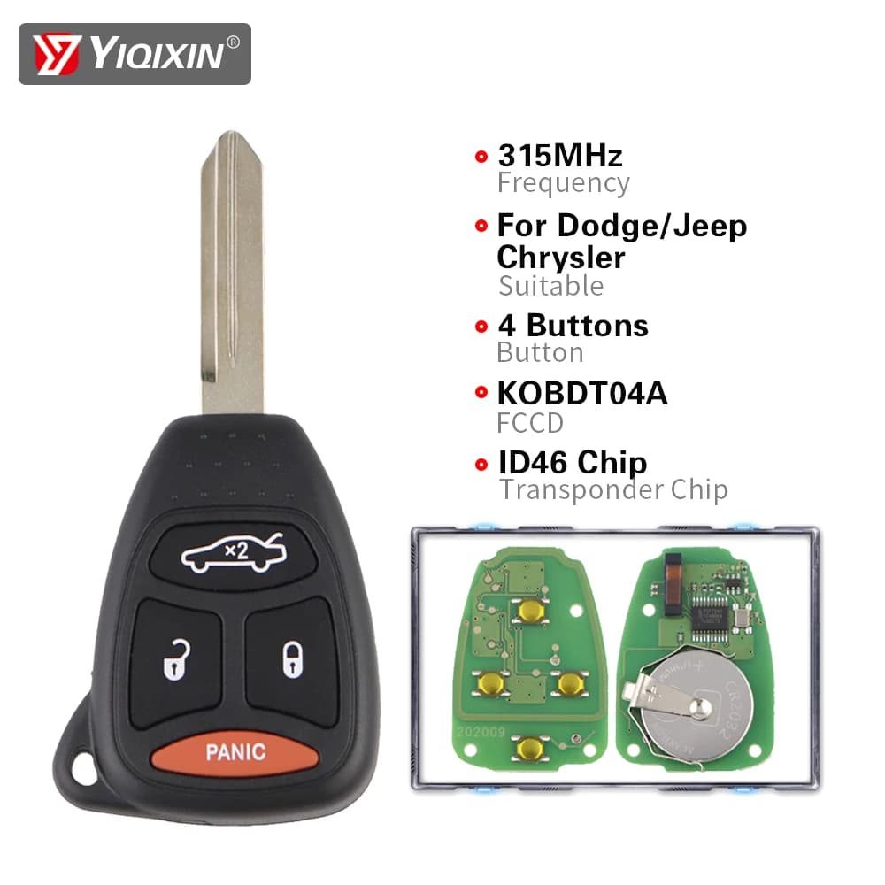 YIQIXIN 315Mhz KOBDT04A ID46 Per Dodge Chrysler Jeep Dakota Durango Caricatore 300 Aspen Grand Cherokee Chiave A Distanza Dell'automobile 4 Pulsante