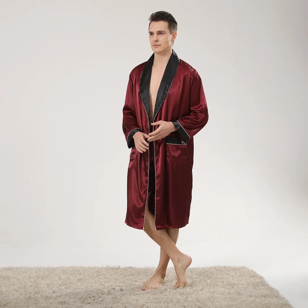 Kimono long sleeves light silk satin dressing for men spring summer burgundy with night shorts