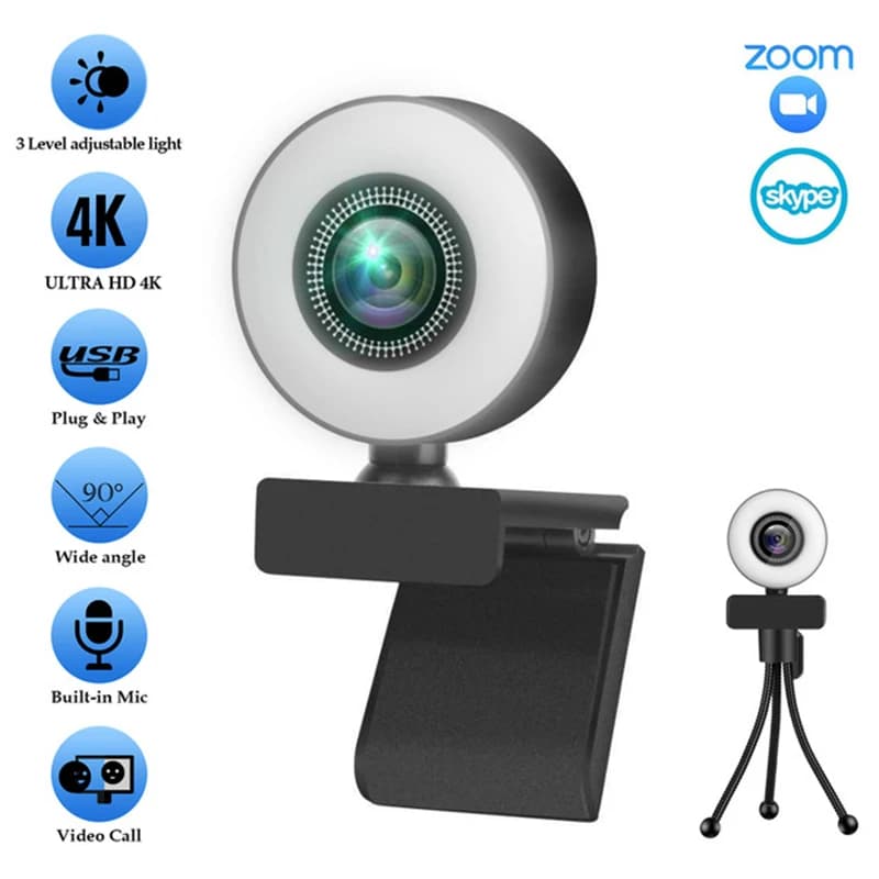 Webcam 4K 2K Full HD 1080P Web Camera with Microphone USB Filling Light Web Cam Rotatable for PC Laptop for Youtube