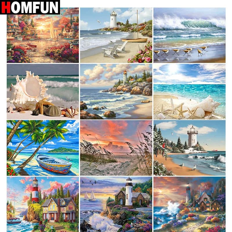 HOMFUN pittura diamante pieno trapano quadrato/rotondo 5D fai da te "faro spiaggia" diamante ricamo strass punto croce decorazioni per la casa
