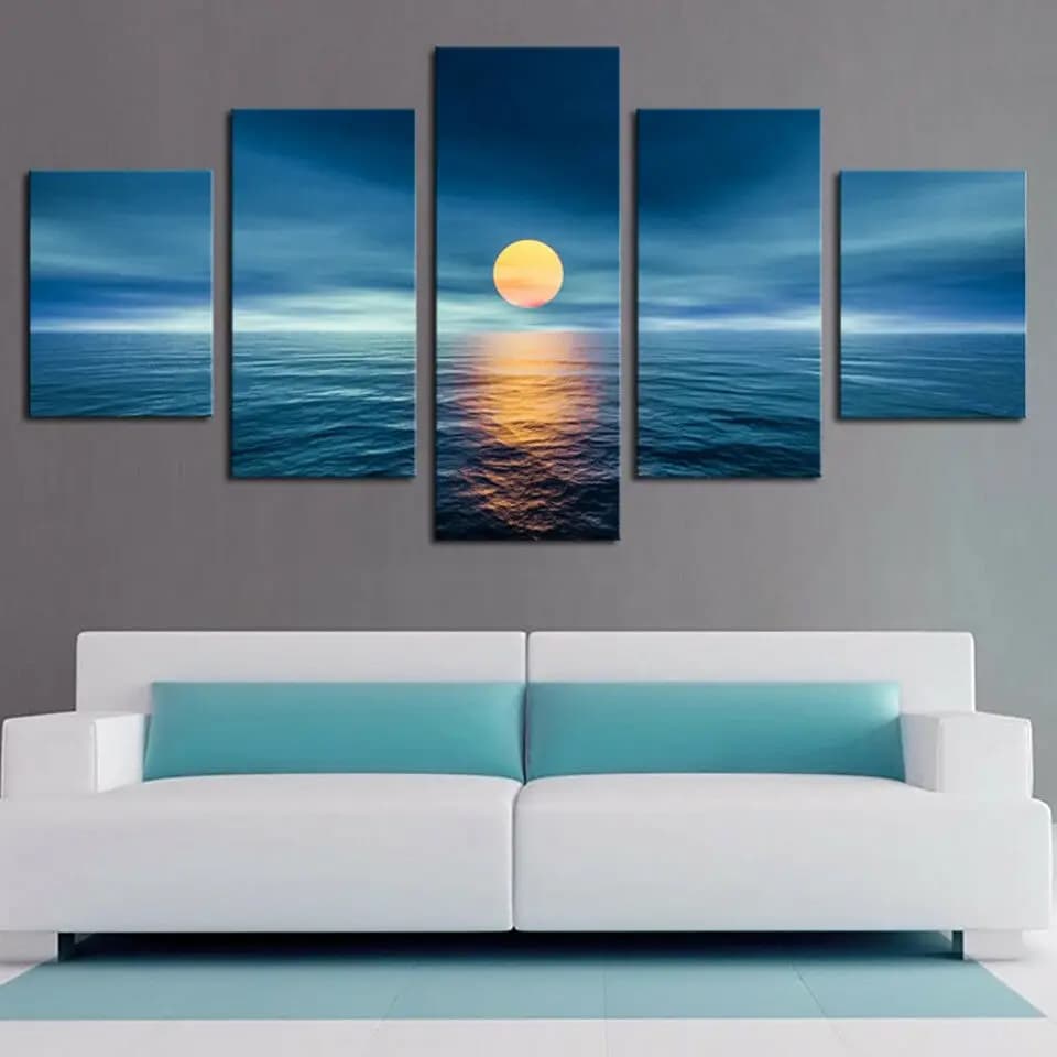 Full moon on ocean 5 panels on canvas art print HD wall decorations for home pictures 5 poster panels without framed paintings living room