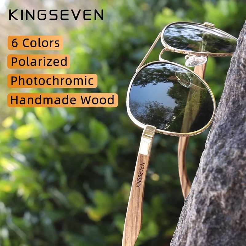 KINGSEVEN Nuovi occhiali da sole pilota fotocromatici da uomo polarizzati UV400 Occhiali da sole moda Specchio Occhiali da sole in legno Guida oculos