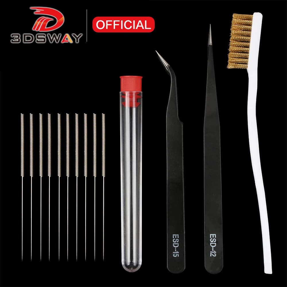 3DSWAY 10 pz/lotto Parti Della Stampante 3D Ugello Pieghevole Cleaner Hotend Ago di Pulizia Punta Da Trapano Pennello Pinzette Kit di Strumenti per Ender 3