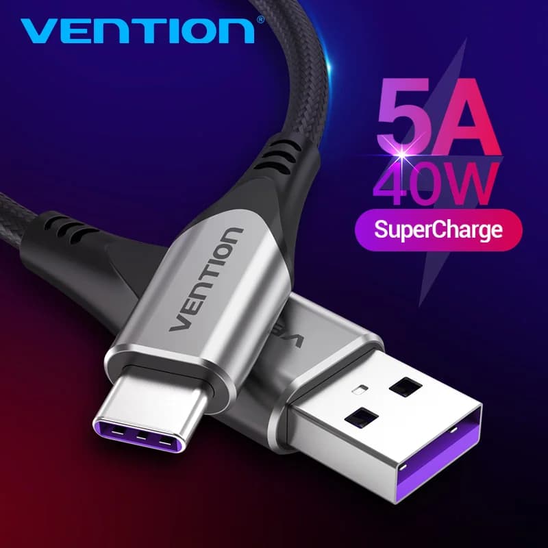 Vention 5A Tipo C Cavo per Huawei Mate 30 20 P30 P20 Xiaomi Samsung USB C Cavo di ricarica rapida Cavi USB tipo C per telefono cellulare 3A