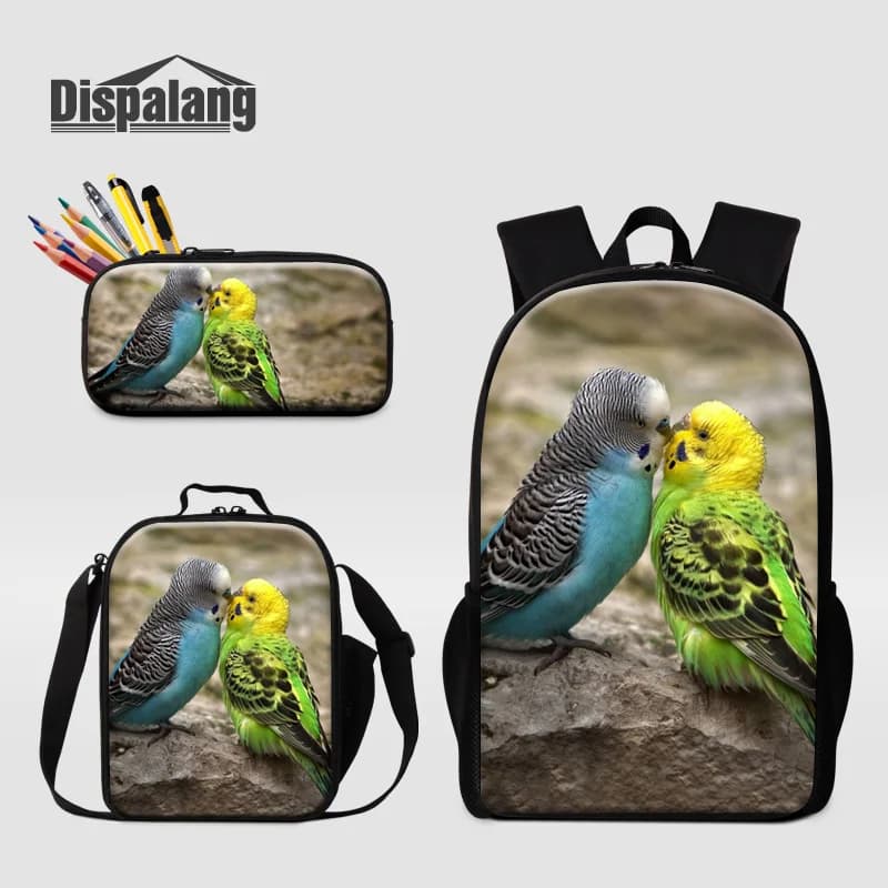 Parrot Bird Print 3 PCS School Backpack Set for Primary Students - Includes Lunch Bag Pencil Case And Bookbag