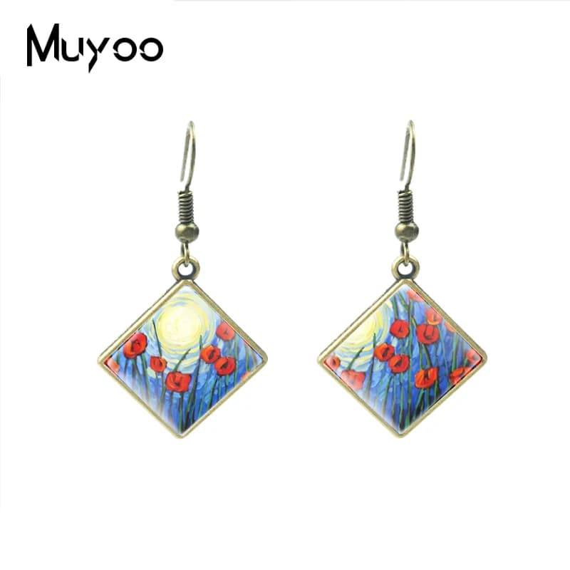 2020 New Poppies Flowers and Moon Paintings Rhombus Dangles Beauty Flowers Moon Painting Fish Hook Earrings