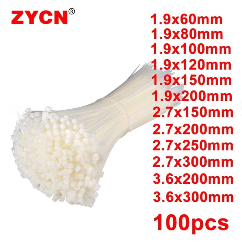 100 Pz/borsa Autobloccante Fascetta In Nylon di Plastica Bianco Anello di Fissaggio 1.9X100 3.5X300 Filo Zip Avvolge Cinghia 2.7*200mm Organizzatore