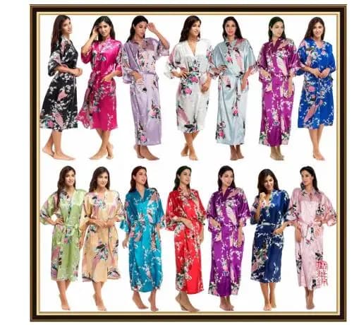 Japanese Women's Mid Sleeve Kimono, Large Style, Silk Satin, Pigiama, Yukata Bathroom Vestaglia with Pattern Floor, Women's Long Dress