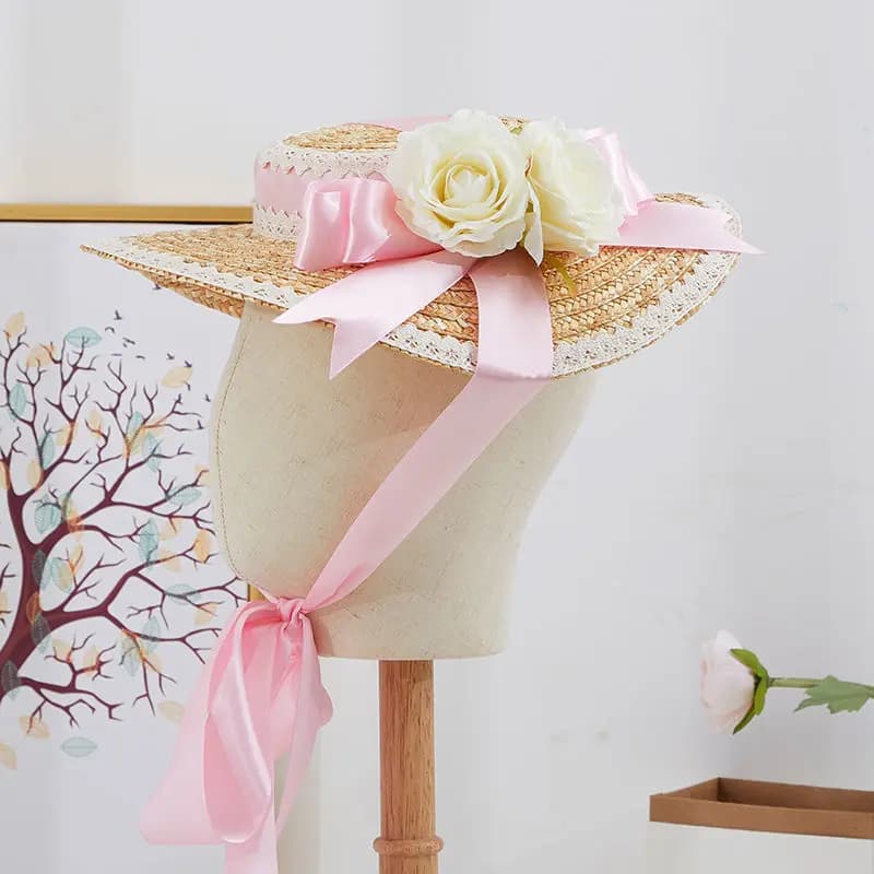Sweet Lolita medieval straw hats Vintage floral silk ribbon Tea Party women accessories Cosplay prairie Chic flat lace hat
