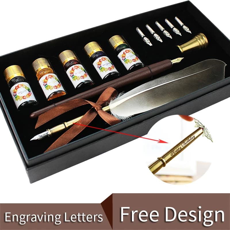 FEATTY Wooden Dip Pen Quill Stand and Ink Set Calligraphy Pen for Cartoon Lettering Art Drawing Mapping Decorative Gifts
