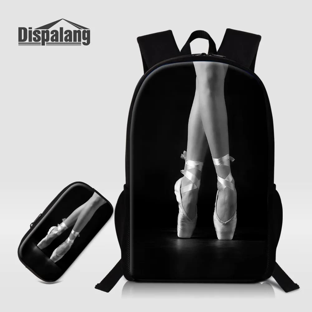 2-Piece Ballet School Backpack Set for Girls with Pencil Case, 16 Inch Polyester Bookbag, Sublimation Hot Press Printing Student