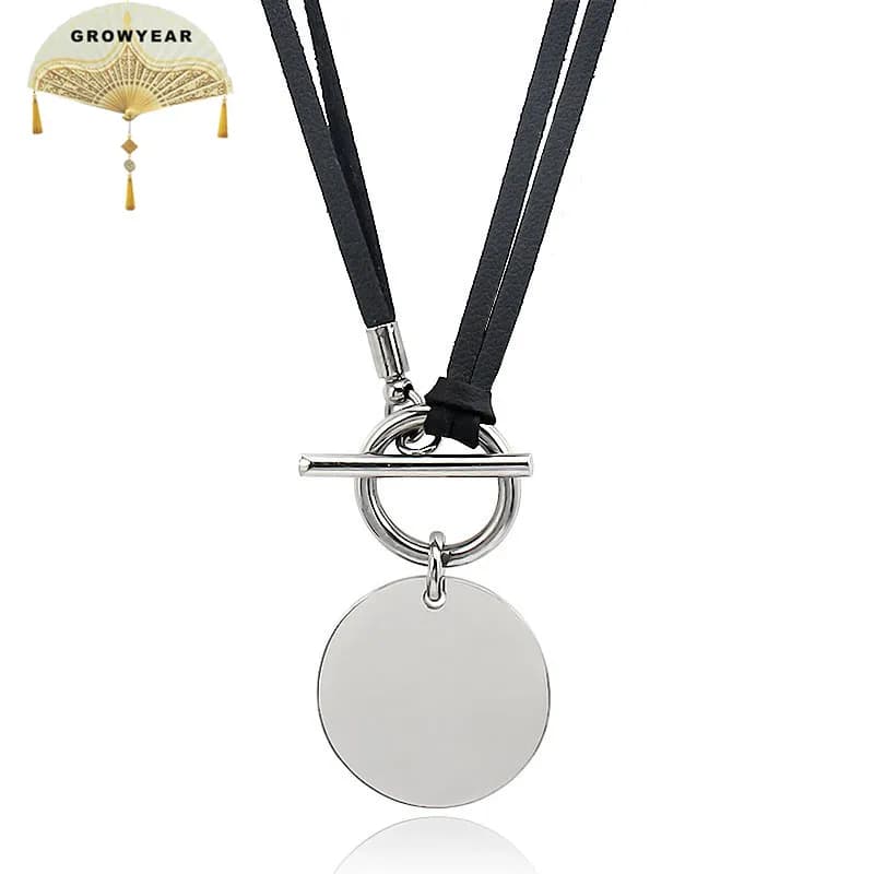 Genuino delle donne di Cuoio Cavo della Cera Della Collana Del Choker In Acciaio Inox Rotonda Del Pendente Collana In Argento Blocco di Colore Customed Nome Collana