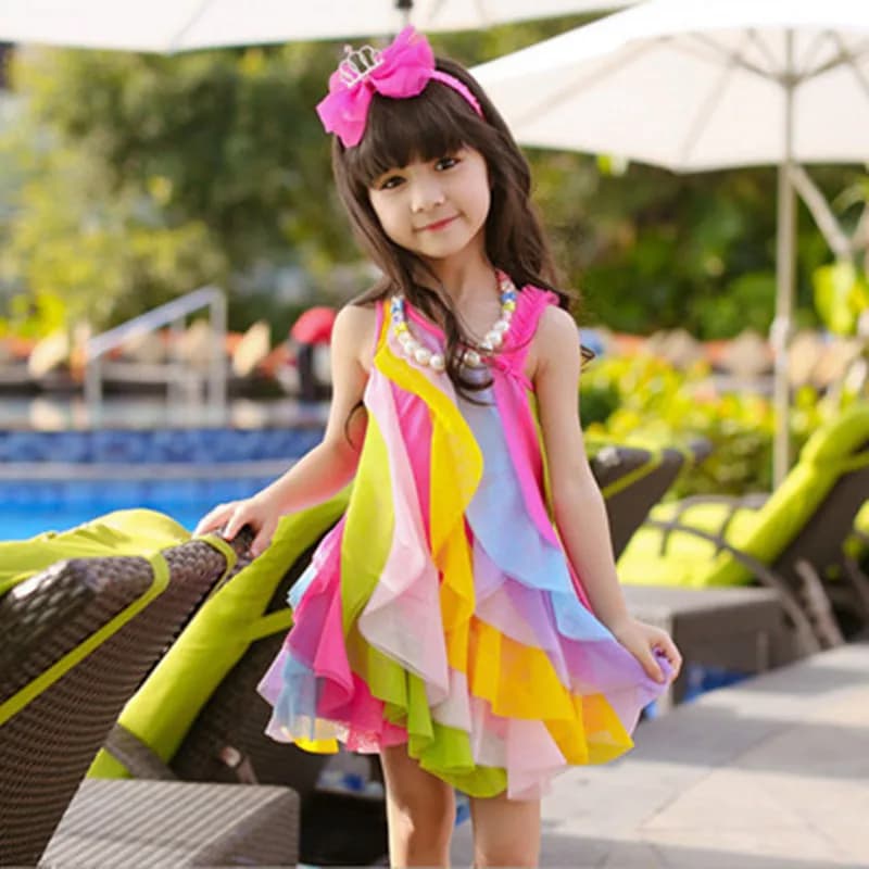 Ragazze estive vestono senza collana Abbigliamento per bambini in stile coreano Costumi da principessa in garza Abiti da spiaggia arcobaleno per bambini