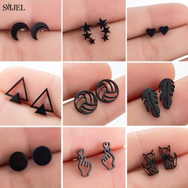 Multiple Stainless Steel Earrings Black Geometric Women Punk Heart Round Triangle Volleyball Earrings Gift For Friend