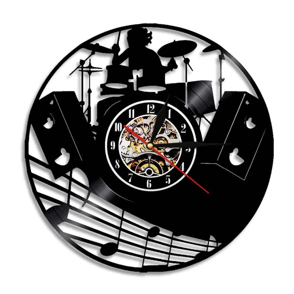 Drum Kit orologio da parete Music Band batteria strumento musicale disco in vinile orologio appeso orologio Rock N Roll Decor regalo batterista Rock