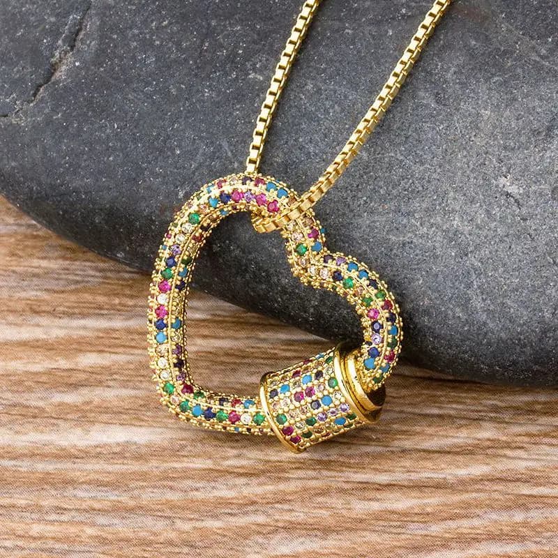 Classic Rainbow CZ Micro Pave Lock moschettone Pave Lock a forma di cuore rame Zirconia chiusura collana gioielli regalo per donna uomo