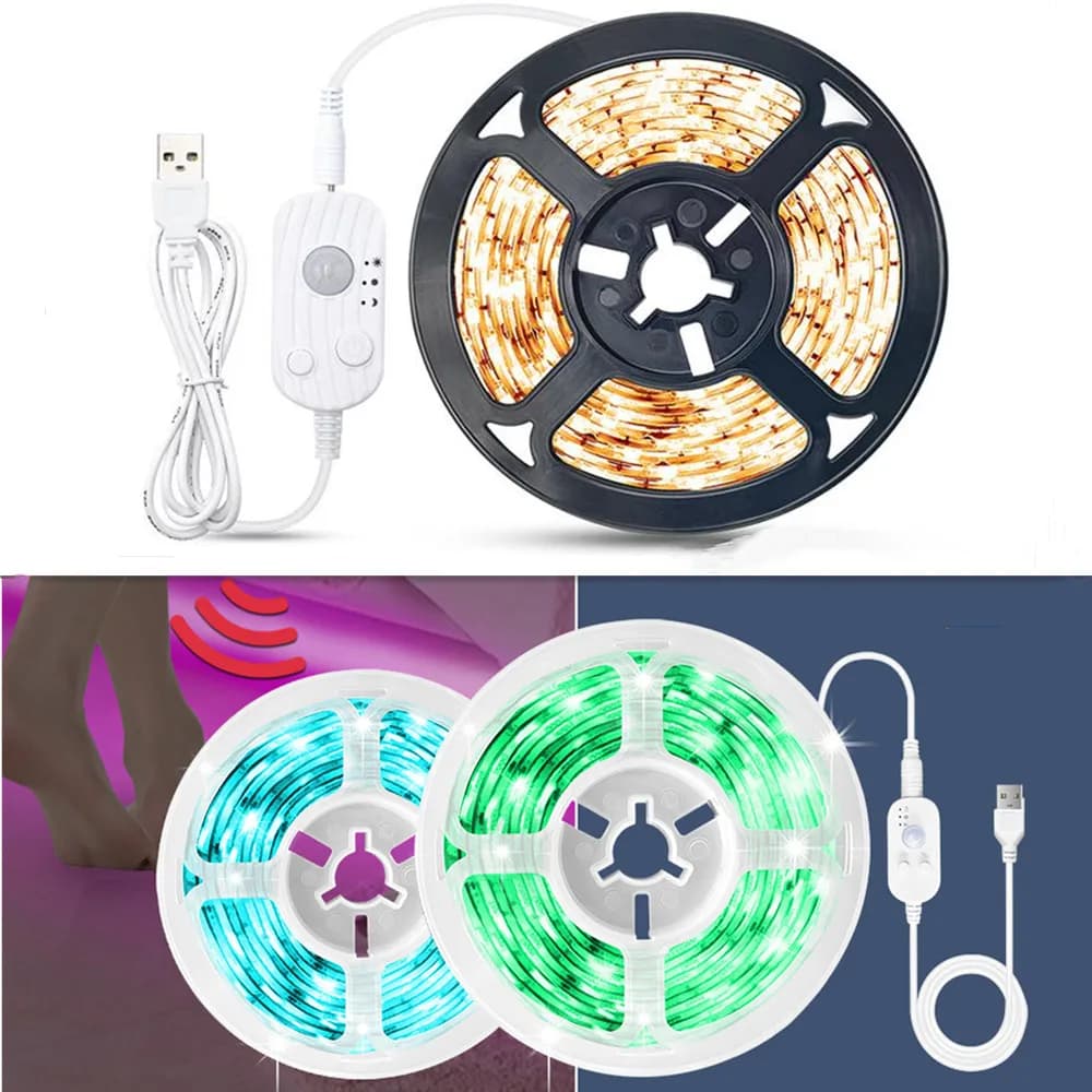 5V USB alimentato Smart LED armadio da cucina luce sensore di movimento lampada impermeabile strisce PIR Wireless scale armadio letto nastri laterali