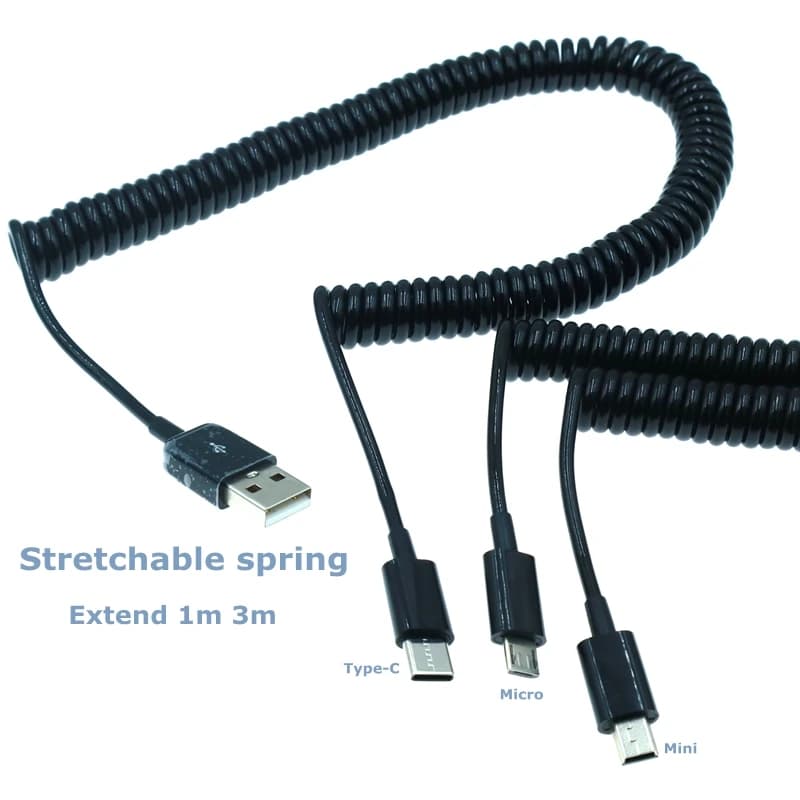 1m 3m Retractable Spring USB to Micro Mini USB Type-C Fast Charge, Used for Mobile Phone Car Charging Cable Of Power Bank