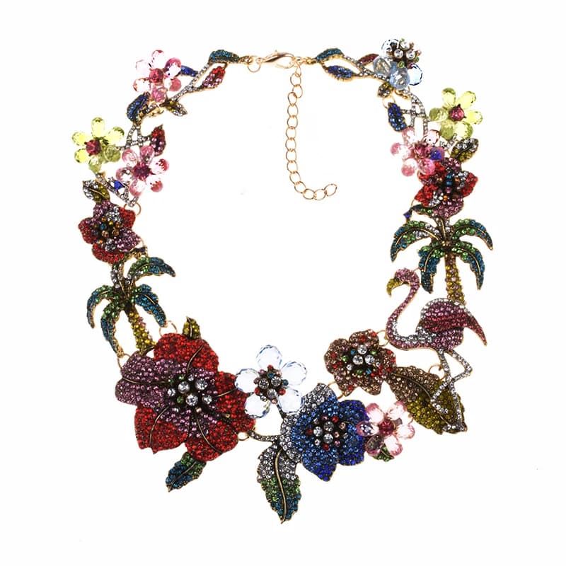 Fashion Colorful Crystal Rhinestone Flamingo Choker Necklace Women Indian Ethnic Statement Large Collar Big Bib Necklace Jewelry