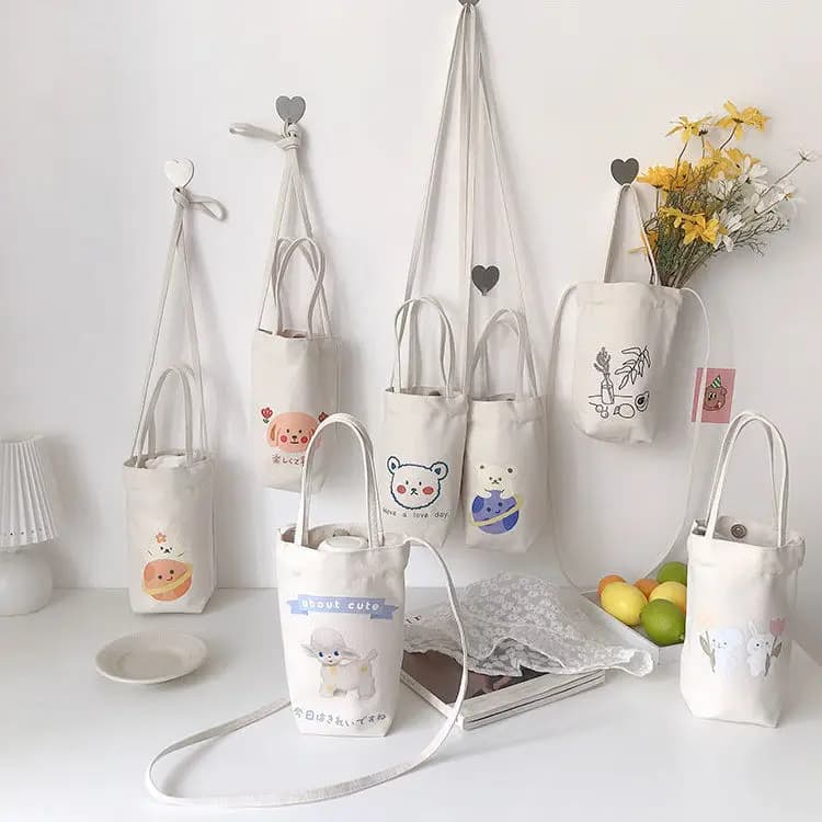 Portable Water Bottle Holder Carry Bag Coffee Cup Storage Sleeve Cover Canvas Printing Milk Tea Set Cute Cartoon Bottle Cover