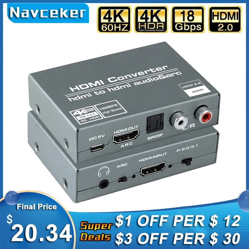 Navceker HDMI 2.0 estrattore Audio HDMI a RCA 4K 60Hz YUV4:4:4 HDR adattatore convertitore Audio HDMI 4K HDMI a TOSLINK ottico SPDIF