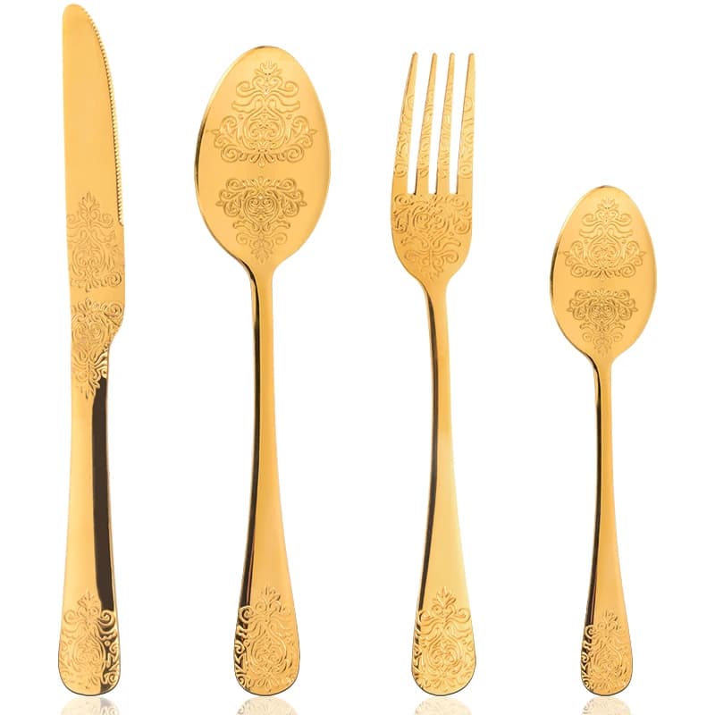 Set of European Golden Cutlery Set Stainless Steel Lunch Set Set of spoons and forks in gold embossed Gift Christmas Kitchen Accessories