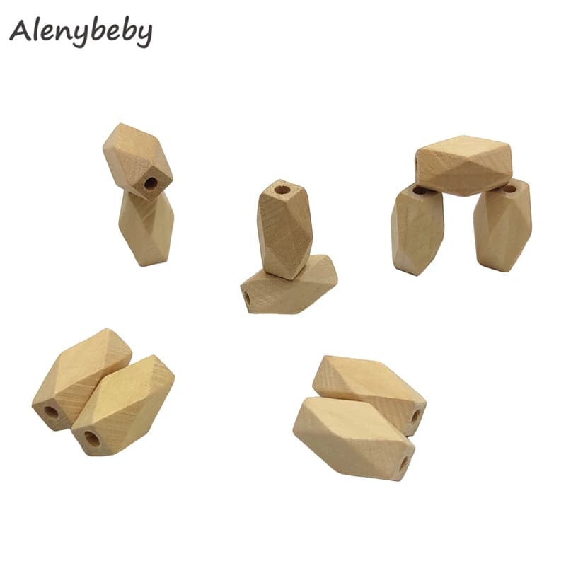 22mm10mm Faceted Wooden Oblong Geometric Hexagon Beads Teether Natural Unfinished Wood Bead for Teething Necklaces,Natural Beads