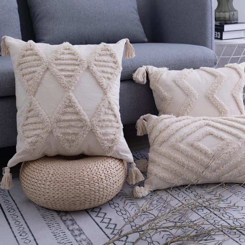 Tufted Pillow Cover With Tassels Beige Bohemian Decorative Pillowcase 18x18" 12x20" Zip Closure for Couch Bed Living Room Bedroo