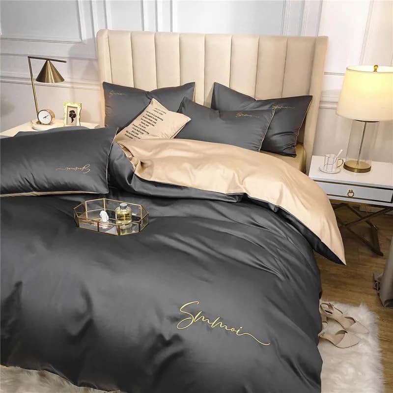 Set copripiumino con ricamo semplice Set biancheria da letto in cotone egiziano 600TC morbido e setoso con cerniera (1 copripiumino + 1 lenzuolo + 2 federe)